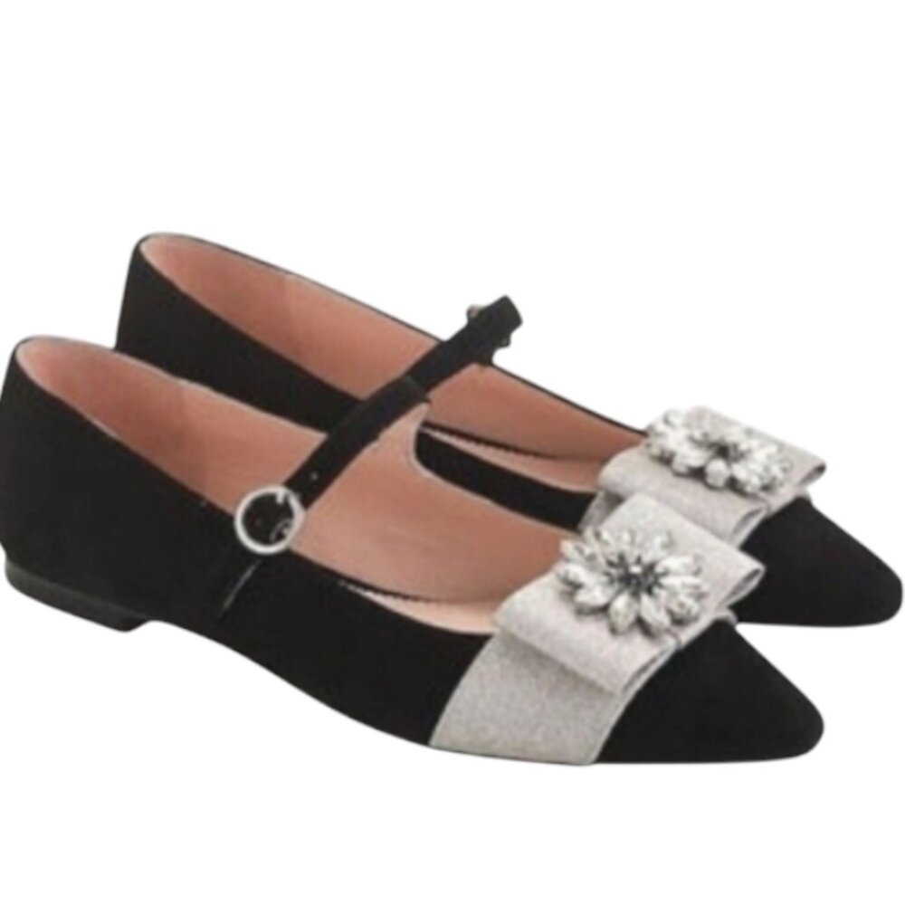 New in Box J Crew Pointed-Toe Mary Jane Black Suede Shoes with Embellished Bow